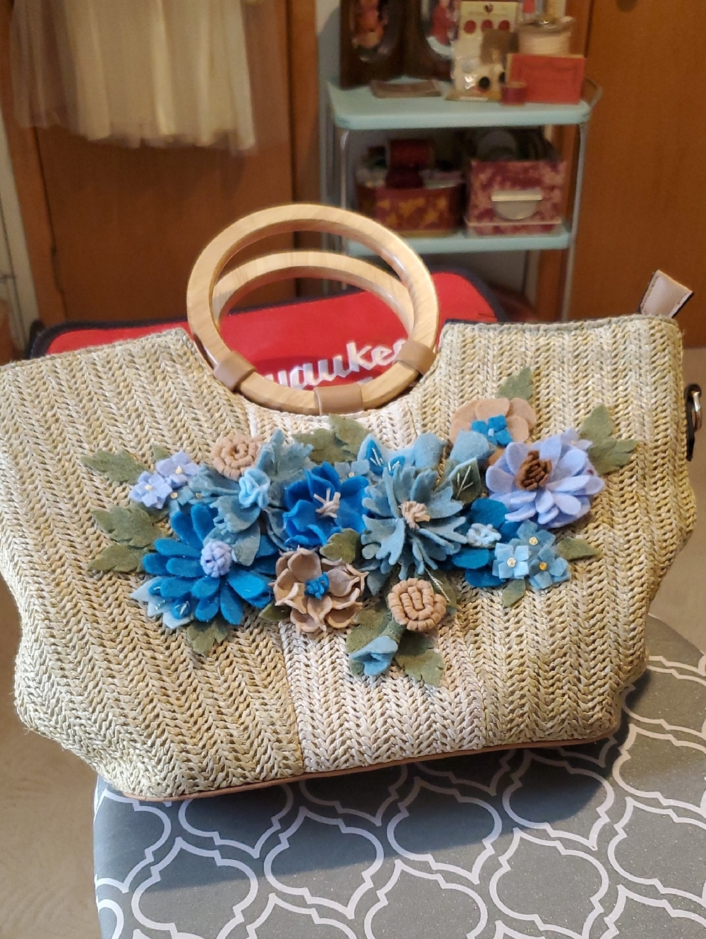 Straw Bag With Handmade Flowers. Wood Handles